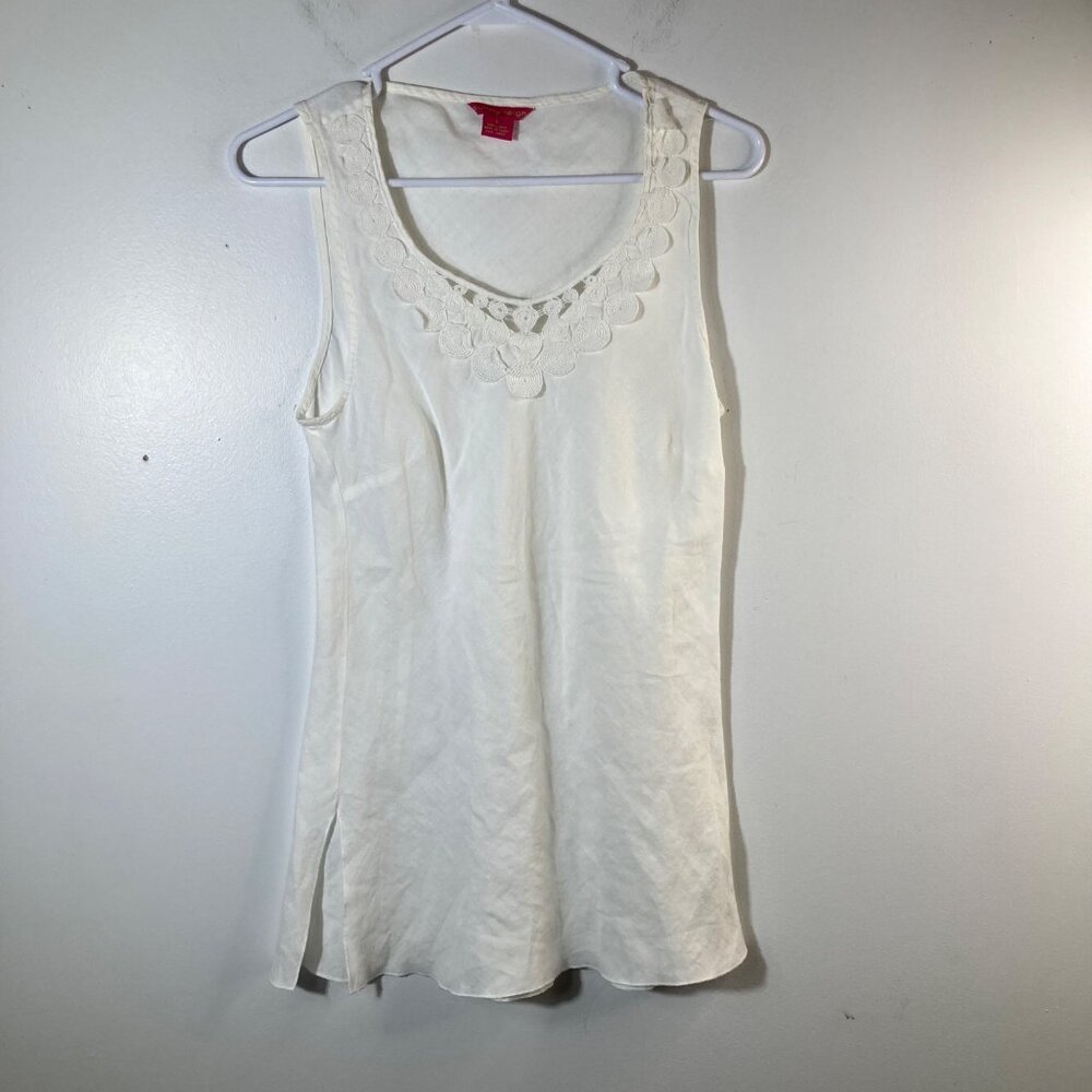 Womens Sunny Leigh Linen Embroidered Tunic Top Side Slits White S Linen